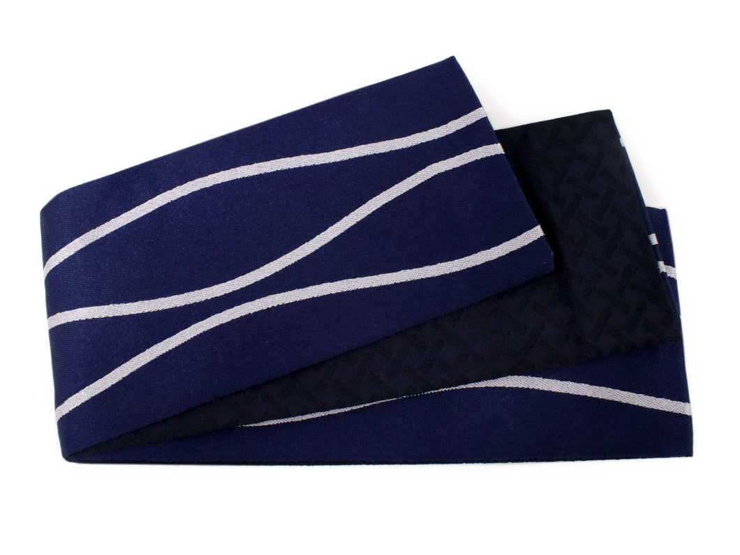 Men's Washable Obi Belt Reversible  for Japanese Traditional Kimono:  Wavy Line Pattern Navy x Black