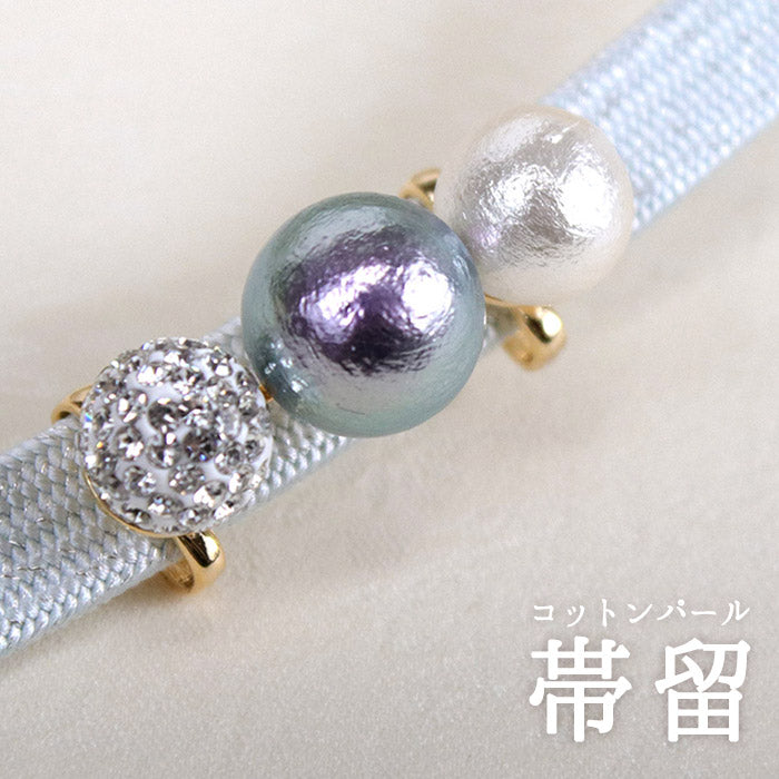 Obidome Cotton Pearl  for Japanese Traditional Kimono - 3 Gray Rhinestone