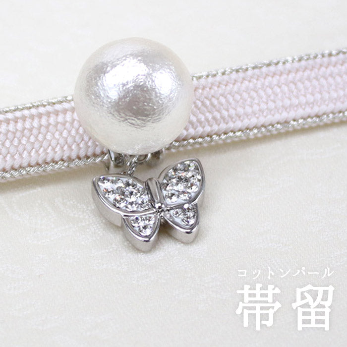 Obidome Cotton Pearl for Japanese Traditional Kimono - Pink with SWAROVSKI charm 14mm