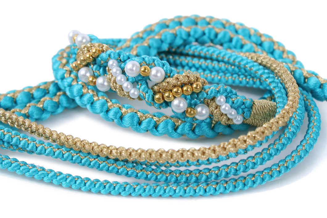 Silk Obijime Pearl Beads  for Japanese Traditional Kimono - Aqua Blue