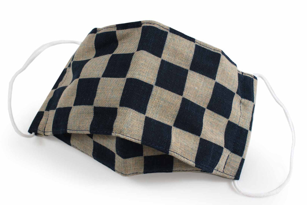 Box Shape Traditional Japanese Pattern Face Mask - Beige Navy Check