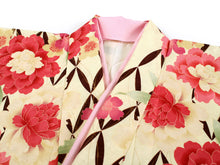 画像をギャラリービューアに読み込む, Women&#39;s Polyester Washable Two-Shaku-Sleeve Kimono for Hakama, Short Length, Cream Yellow, Cloisonne, Peony, Free Size: Japanese Traditional Clothes
