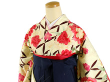 將圖片載入圖庫檢視器 Women&#39;s Polyester Washable Two-Shaku-Sleeve Kimono for Hakama, Short Length, Cream Yellow, Cloisonne, Peony, Free Size: Japanese Traditional Clothes
