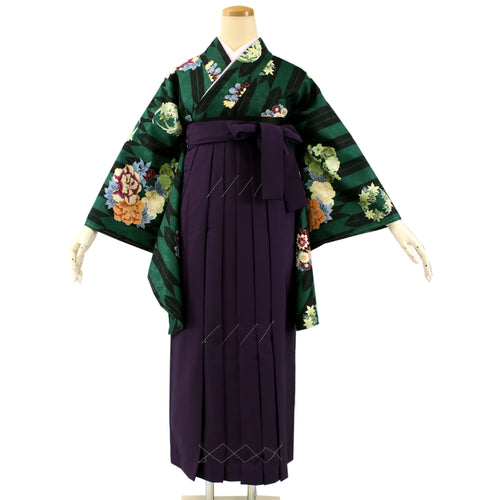 Polyester Washable Two-Shaku-Sode Kimono and Hakama 2-Piece Set with Cloisonne Peony Pattern: Japanese Traditional Clothes
