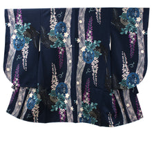 將圖片載入圖庫檢視器 Women&#39;s Polyester Washable Two-Shaku-Sleeve Kimono for Hakama, Short Length, Dark Blue, Wisteria, Grape, Free Size: Japanese Traditional Clothes
