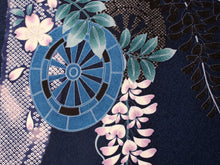 画像をギャラリービューアに読み込む, Women&#39;s Polyester Washable Two-Shaku-Sleeve Kimono for Hakama, Short Length, Dark Blue, Wisteria, Grape, Free Size: Japanese Traditional Clothes
