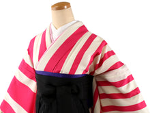 Load image into Gallery viewer, Women&#39;s Polyester Washable Two-Shaku-Sleeve Kimono for Hakama, Short Length, Dark Pink Off-White, Stripes, Free Size: Japanese Traditional Clothes
