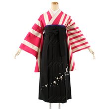 Load image into Gallery viewer, Women&#39;s Polyester Washable Two-Shaku-Sleeve Kimono for Hakama, Short Length, Dark Pink Off-White, Stripes, Free Size: Japanese Traditional Clothes
