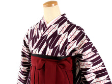 Load image into Gallery viewer, Women&#39;s Polyester Washable Two-Shaku-Sleeve Kimono for Hakama: Japanese Traditional Clothes - Purple White Arrow Feather Cherry Blossom
