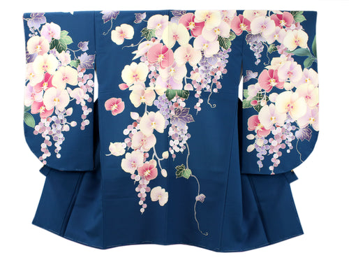 Women's Polyester Washable Two-Shaku-Sleeve Kimono for Hakama: Japanese Traditional Clothes - Deep Blue Grape Orchid