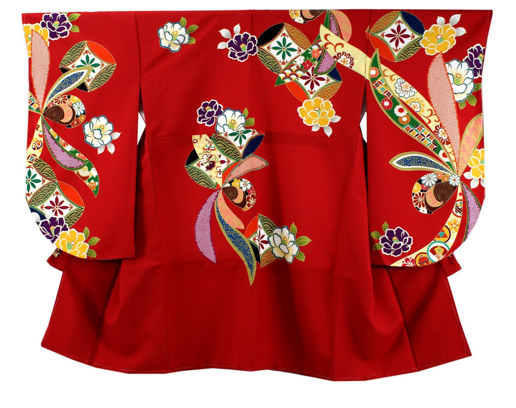 Women's Polyester Washable Two-Shaku-Sleeve Kimono for Hakama: Japanese Traditional Clothes - Red Camellia Cloisonne