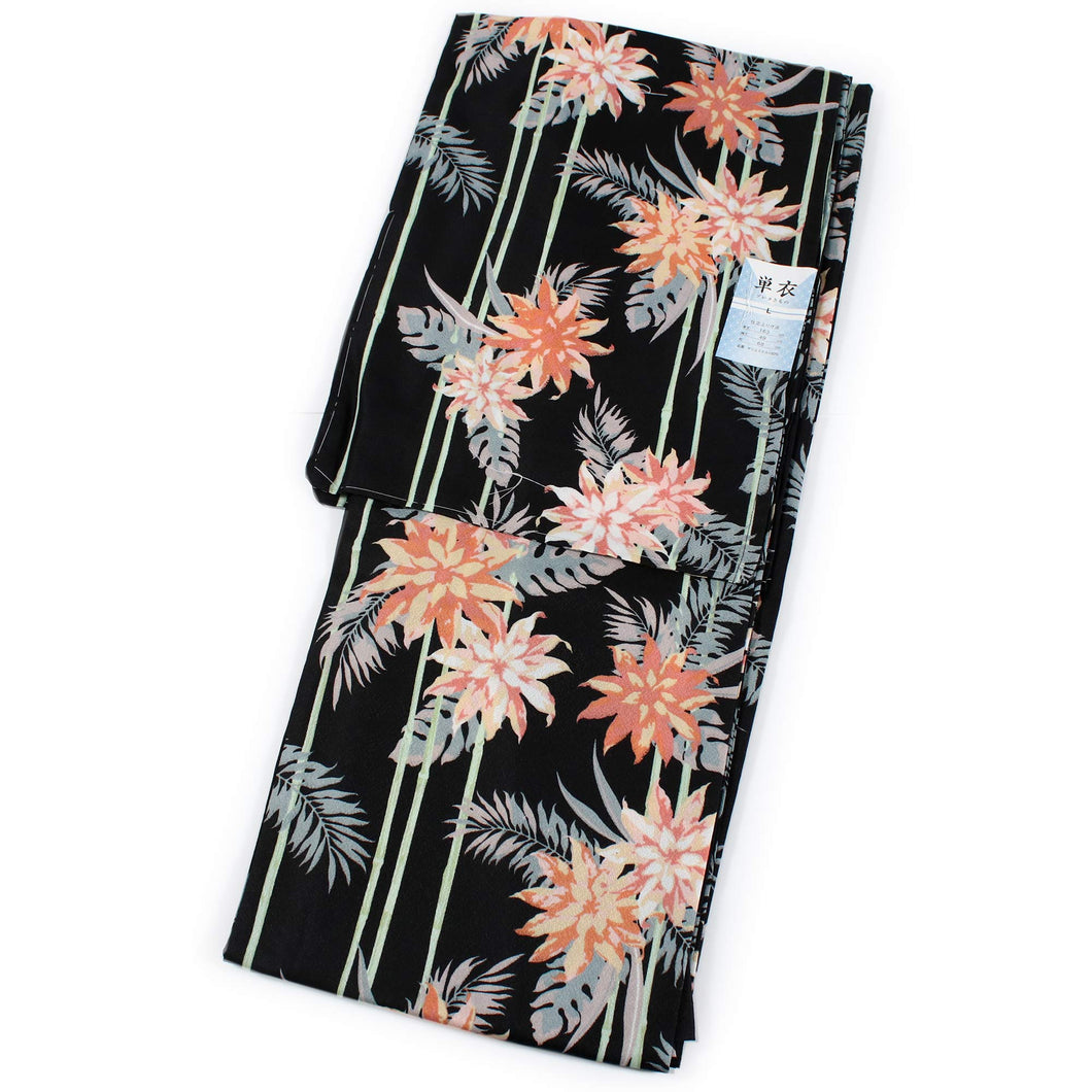 Ladies' Washable Kimono: Japanese Traditional Clothes - Unlined Black Hosotake Tropical Floral