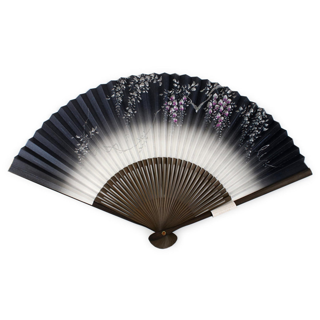 Ladies Paper Sensu :Japanese Traditional Folding Fan - Navy Blue Wisteria Large