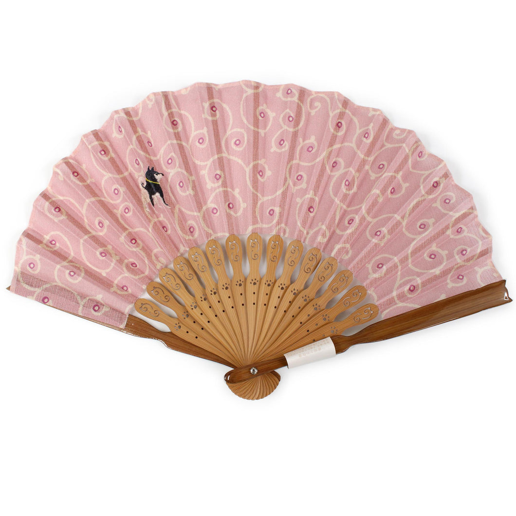 Ladies Cotton Sensu :Japanese Traditional Folding Fan- pink Karakusa dog embroidery