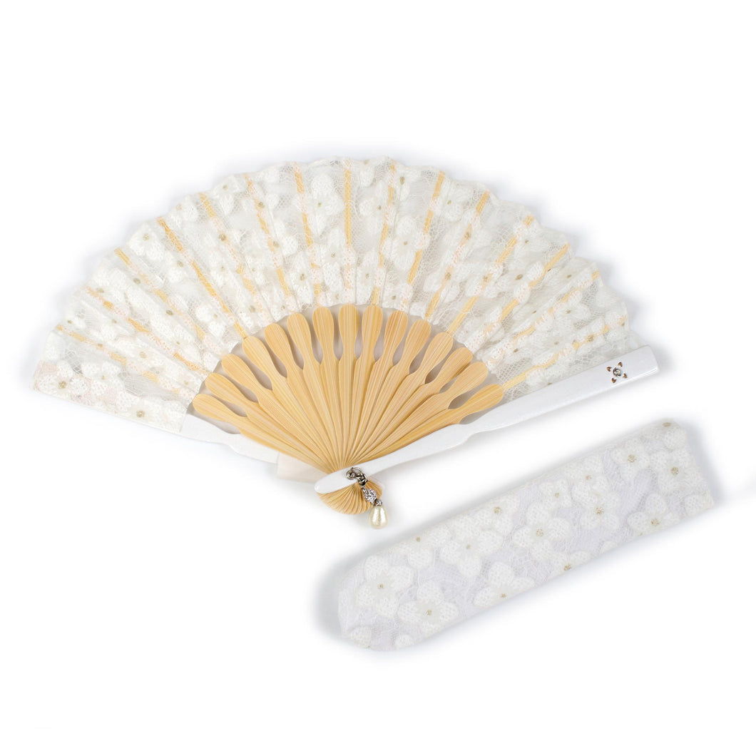 Ladies cotton Sensu :Japanese Traditional Folding Fan  & Fan Bag 2 Piece Set - white floral lace Swarovski charm