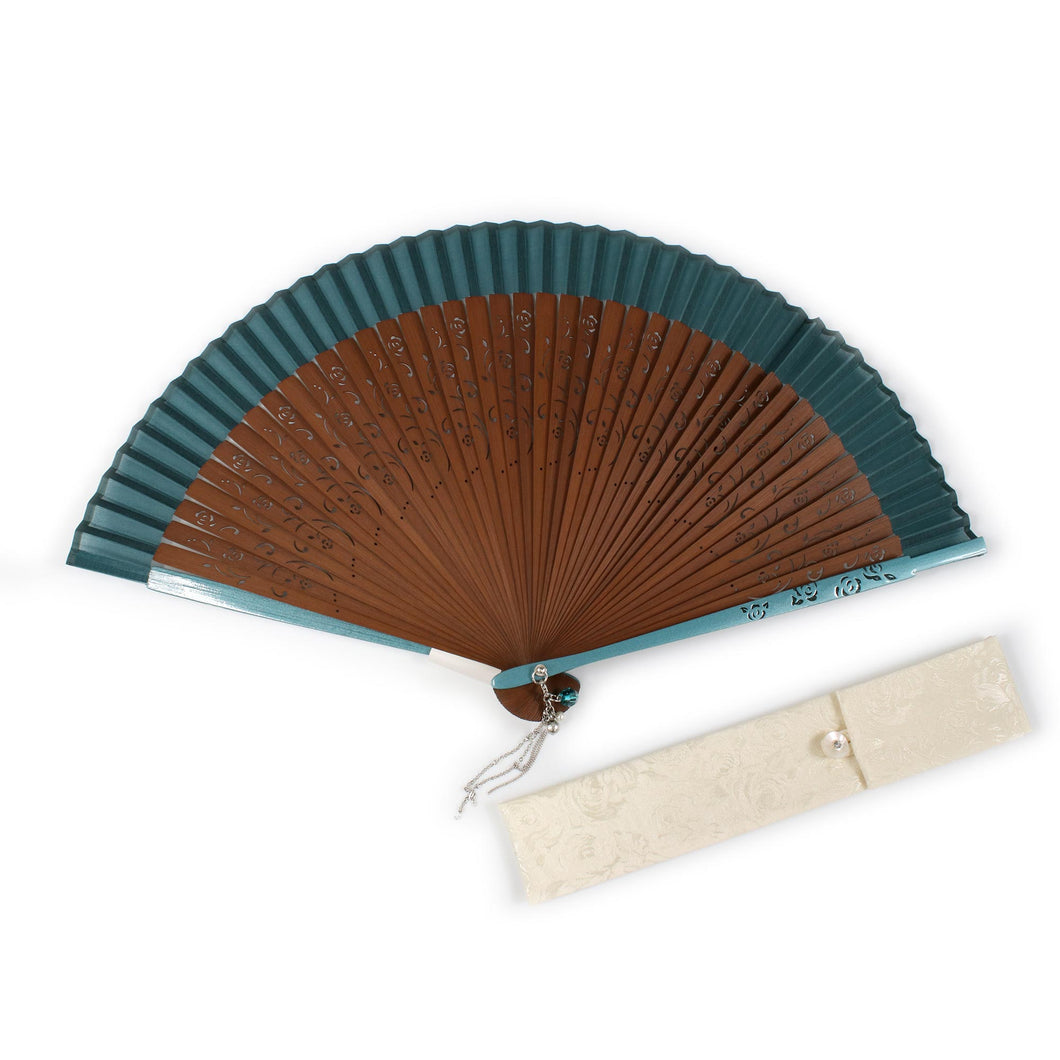 Ladies Cotton Silk Sensu :Japanese Traditional Folding Fan  & Fan Bag 2 Piece Set- Turquoise Rose Swarovski Charm