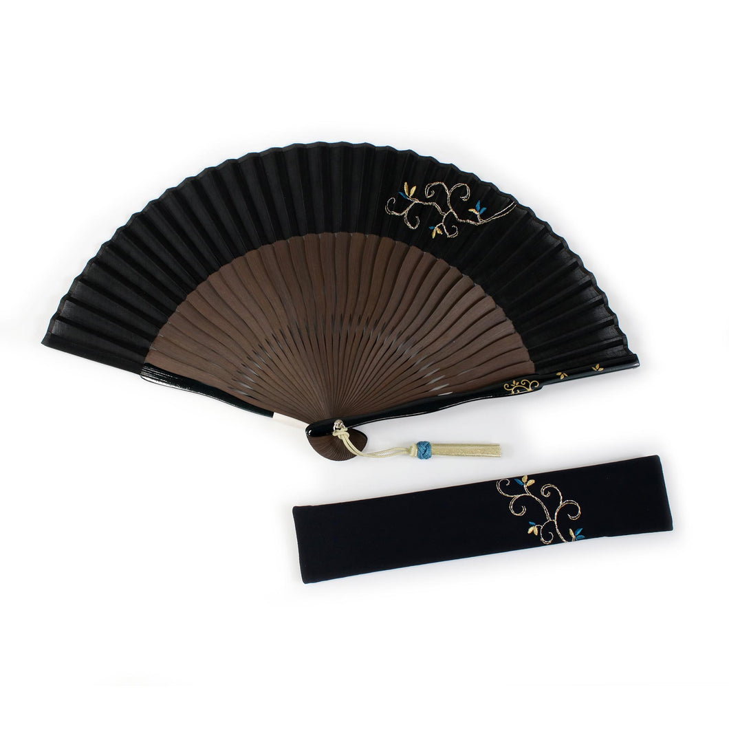 Ladies Cotton Silk Sensu :Japanese Traditional Folding Fan  & Fan Bag 2 Piece Set - black arabesque pattern