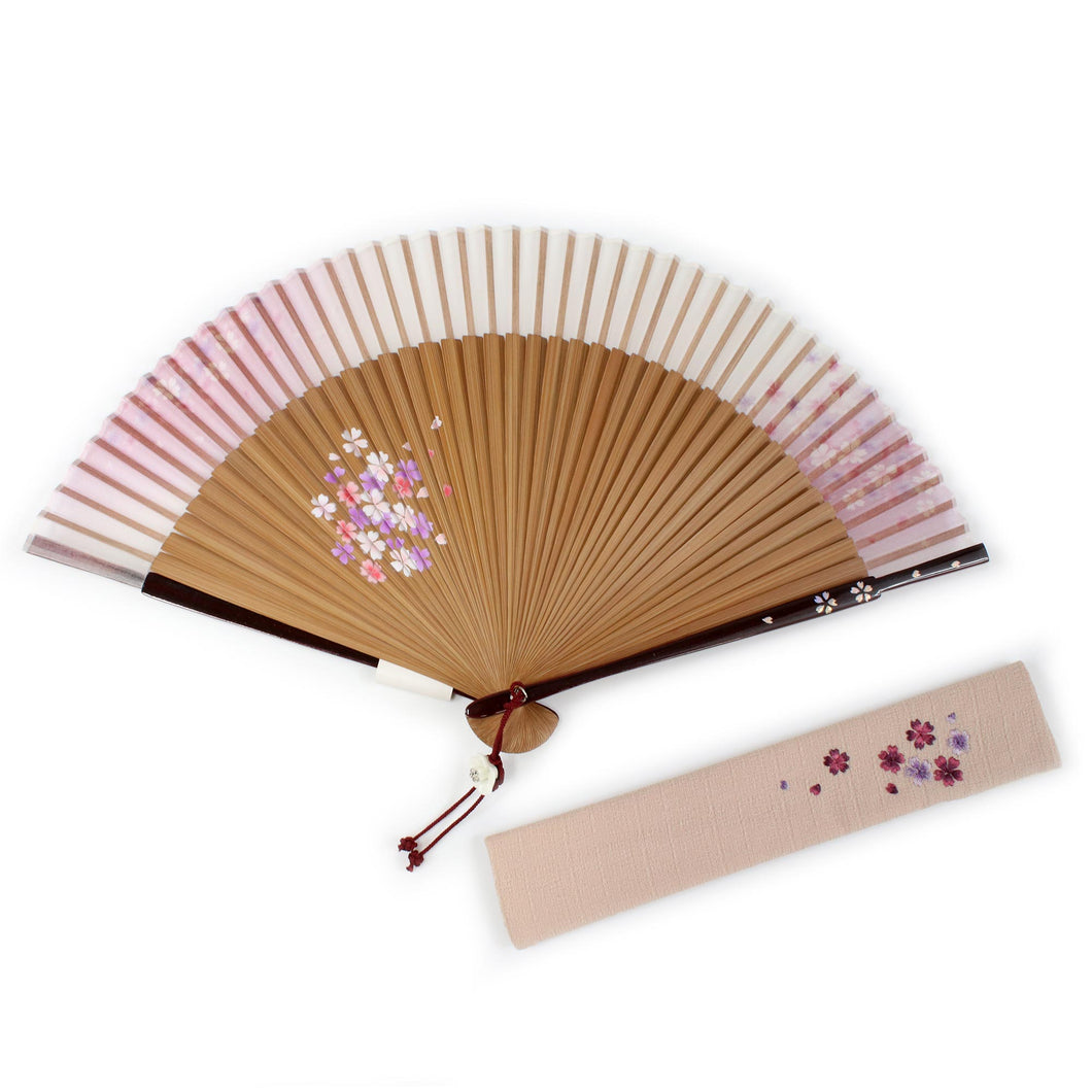 Ladies Silk Sensu :Japanese Traditional Folding Fan  & Fan Bag 2 Piece Set -  Pink Sakura Kasumi Boxed Large Size