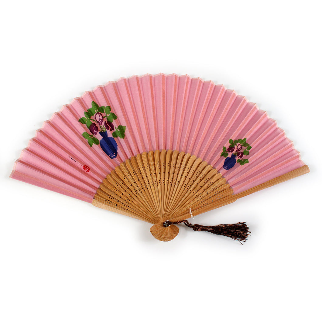 Ladies Silk Sensu :Japanese Traditional Folding Fan -  Peach Pink Vase Pattern Yumeji Takehisa