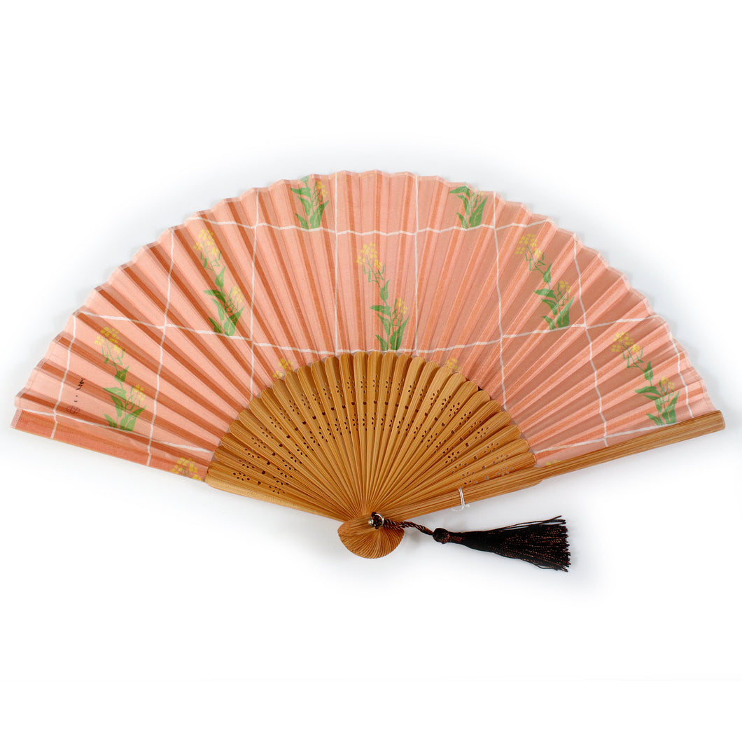 Ladies Silk Sensu :Japanese Traditional Folding Fan -  Salmon Pink Rape blossoms Lattice pattern Yumeji Takehisa