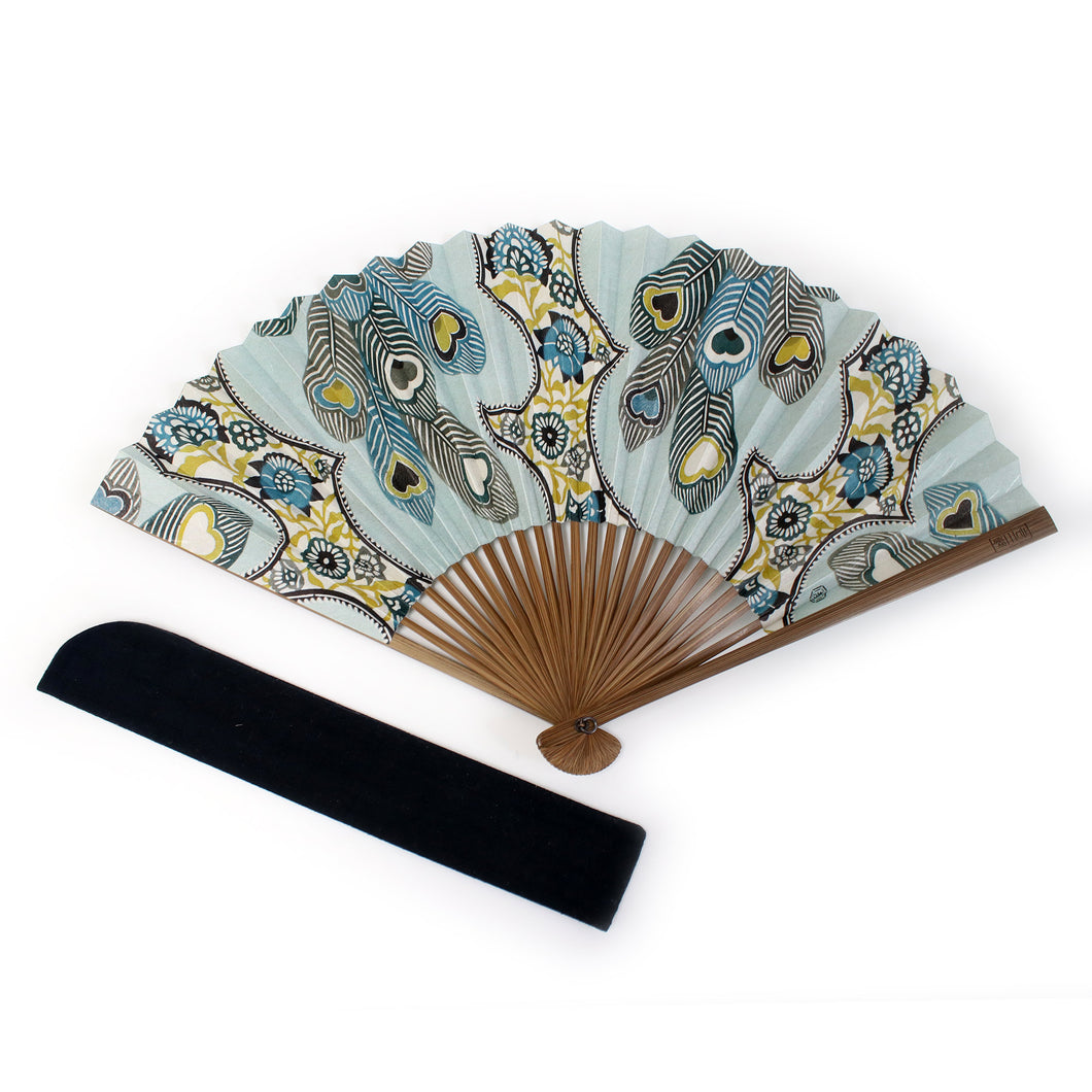 Kyo Sensu :Japanese Traditional Folding Fan and Cover Set - Light Blue Peacock Sarasa Pattern