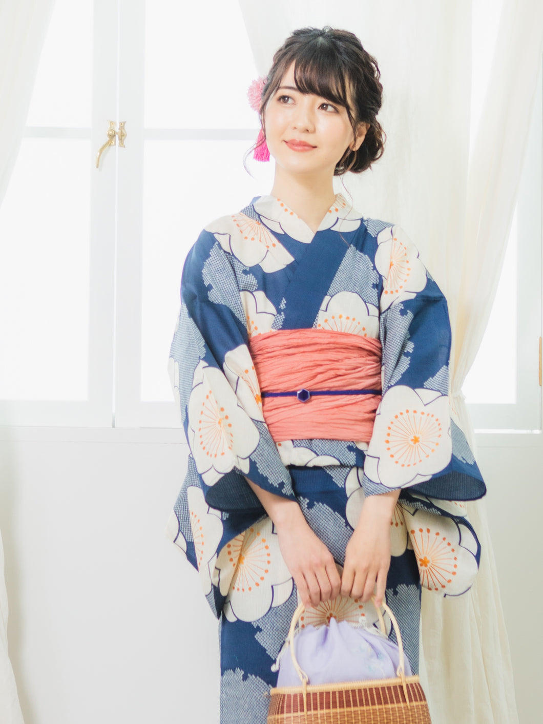 Women's Cotton Yukata : Japanese Traditional Clothes - Navy Ume Plum