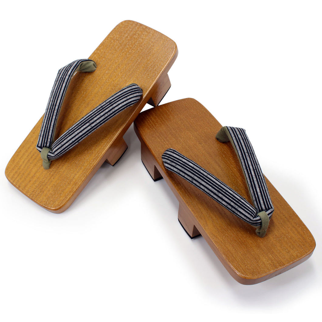 Men's Paulownia Wooden Geta(Japanese Sandals) with two teeth for Japanese Traditional Kimono/Yukata : brown platform, gray ground, black stripes, Hanao