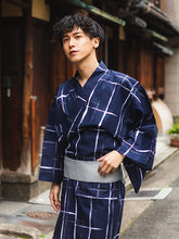 Load image into Gallery viewer, Men&#39;s Cotton Yukata : Japanese Traditional Clothes - Dark Navy Grid
