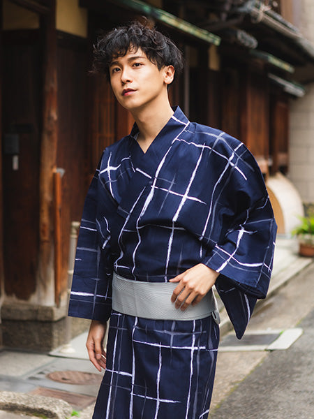 Men's Cotton Yukata : Japanese Traditional Clothes - Dark Navy Grid