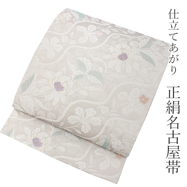 Women's Tailored Silk Nagoya Obi Belt - Light Gray ,Light Purple Diagonal Flower Pattern-