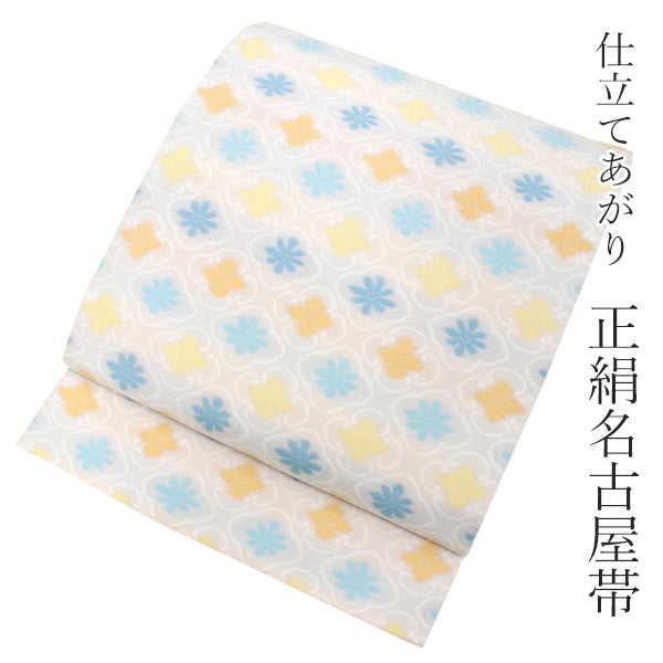 Women's Tailored Silk Nagoya Obi Belt - Ivory, Multi Colored Chrysanthemum in Diamond Shaped Pattern-
