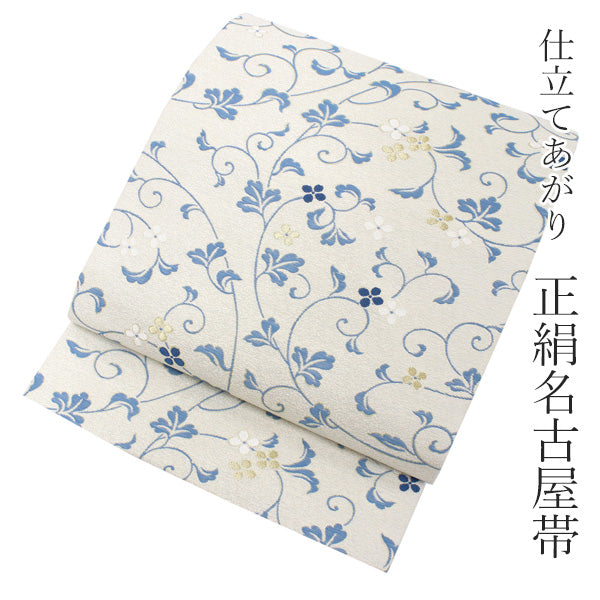 Women's Tailored Silk Nagoya Obi Belt - Light Gray ,Blue Arabesque Pattern-