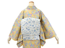 画像をギャラリービューアに読み込む, Women&#39;s Tailored Silk Nagoya Obi Belt - Light Gray ,Blue Arabesque Pattern-
