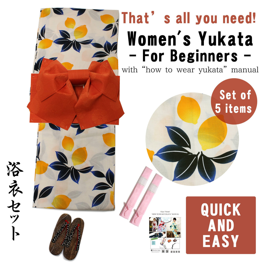 Women's Yukata Coordinate Set of 5 Items For Beginners :Unbleached Color/Lemon