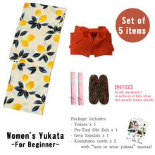 画像をギャラリービューアに読み込む, Women&#39;s Yukata Coordinate Set of 5 Items For Beginners :Unbleached Color/Lemon
