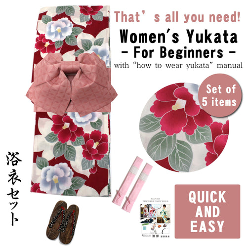 Women's Yukata Coordinate Set of 5 Items For Beginners :Unbleached Color and Red/Camellia
