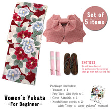 画像をギャラリービューアに読み込む, Women&#39;s Yukata Coordinate Set of 5 Items For Beginners :Unbleached Color and Red/Camellia
