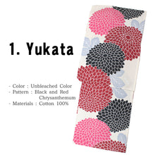 將圖片載入圖庫檢視器 Women&#39;s Yukata Coordinate Set of 5 Items For Beginners :Unbleached Color/Black and Red Chrysanthemum
