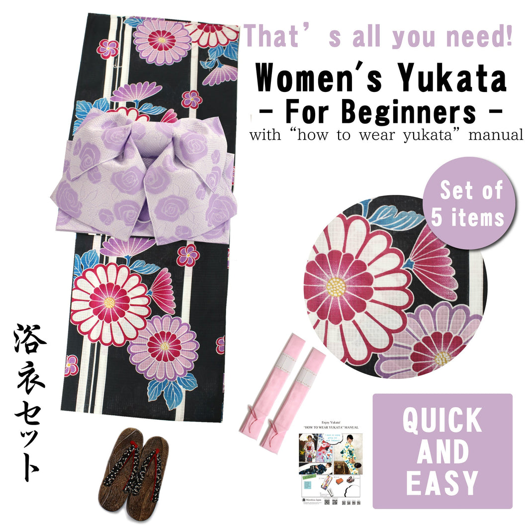 Women's Yukata Coordinate Set of 5 Items For Beginners :Black and White/Stripe and Chrysanthemum