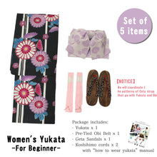 画像をギャラリービューアに読み込む, Women&#39;s Yukata Coordinate Set of 5 Items For Beginners :Black and White/Stripe and Chrysanthemum
