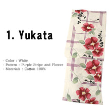画像をギャラリービューアに読み込む, Women&#39;s Yukata Coordinate Set of 5 Items For Beginners :White/Purple Stripe and Flower
