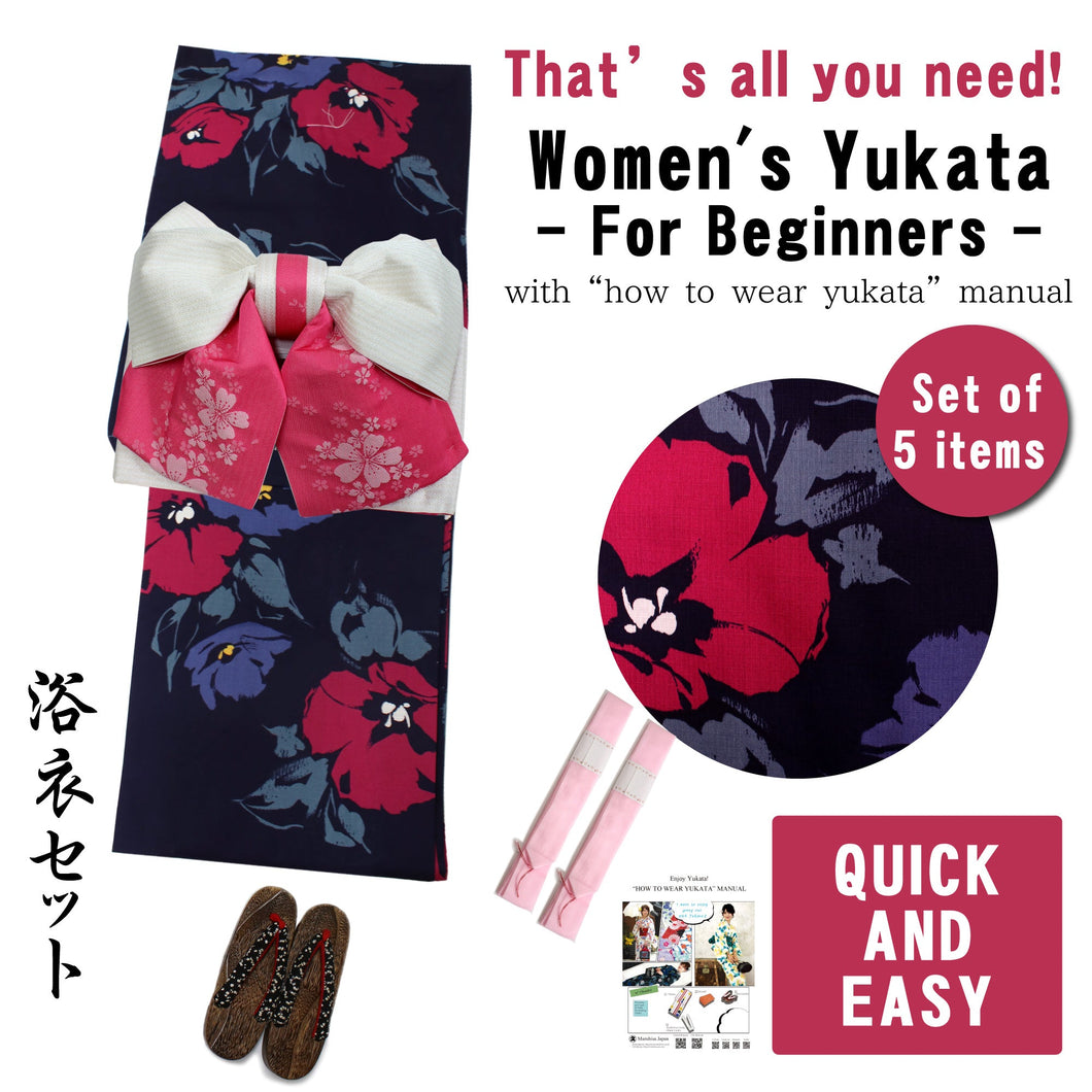 Women's Yukata Coordinate Set of 5 Items For Beginners :Dark Navy/Flower