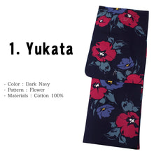 画像をギャラリービューアに読み込む, Women&#39;s Yukata Coordinate Set of 5 Items For Beginners :Dark Navy/Flower
