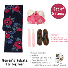 画像をギャラリービューアに読み込む, Women&#39;s Yukata Coordinate Set of 5 Items For Beginners :Dark Navy/Flower
