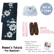 画像をギャラリービューアに読み込む, Women&#39;s Yukata Coordinate Set of 5 Items For Beginners :Green Navy/Clematis florida
