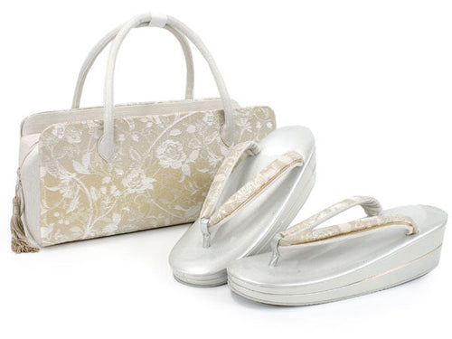 Zori sandles and bag set, Women, Cream beige, silver rose lace