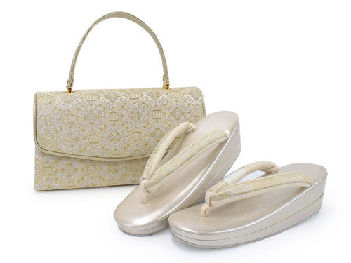 Zori sandles and bag set, Women, Light beige, gold  flower-shaped family crest