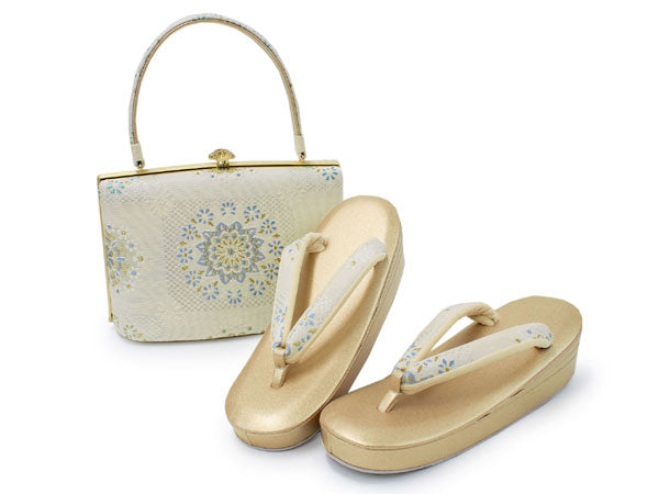 Zori sandles and bag set, Women, White, Gold, flower pattern 