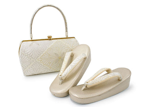 Zori sandles and bag set, Women, White, Gold, Matsubishi pattern