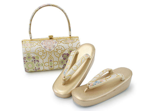 Zori sandles and bag set, Women, White, Gold, arabesque pattern